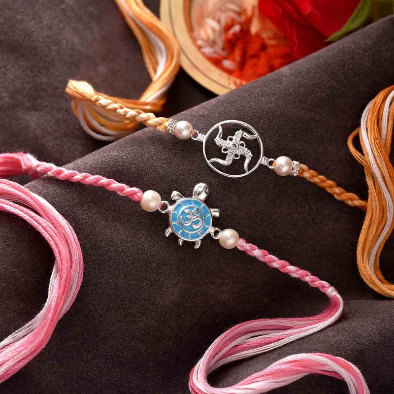 Silver Swastika n Minakari Tortoise Rakhi Duo