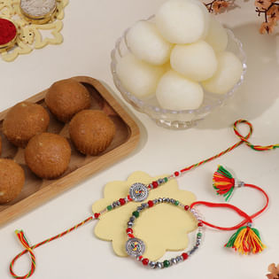 Silver Toned Bhaiya Bhabhi Rakhis N Festive Sweets