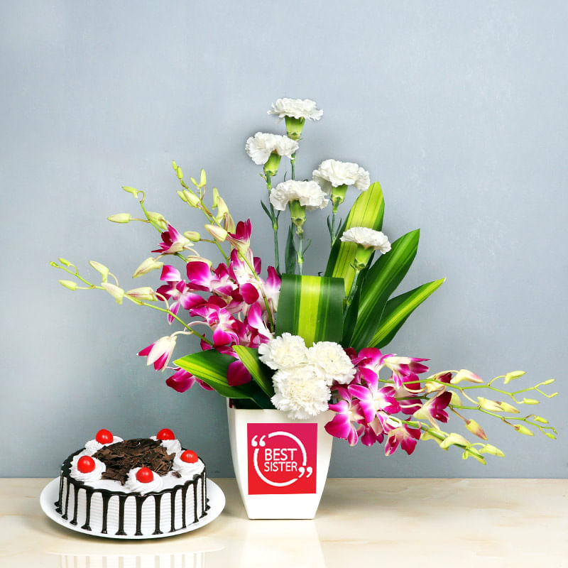 Sister Love Combo - Mixed Bouquet of 14 Carnations and Orchids in a Vase