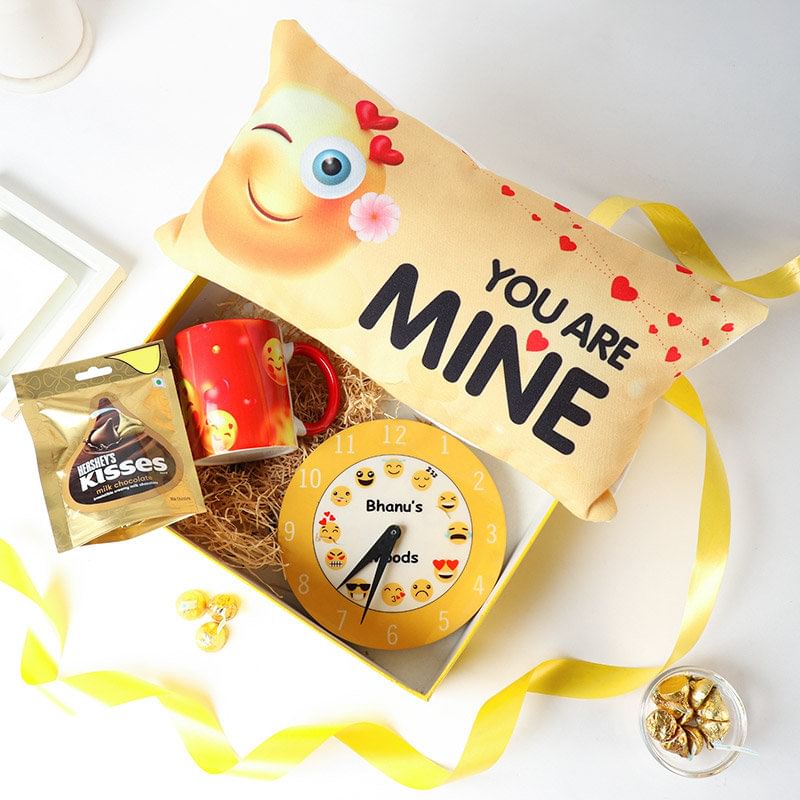 Buy Smiley Pillow With Clock Mug N Choco In Box: Online Gift Hamper
