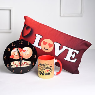 Smiley Pillow With Clock N Coffee Mug For Valentine