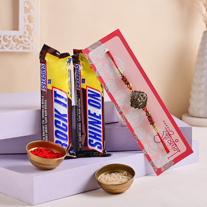 Antique Ganesha Rakhi With Snickers Chocolates