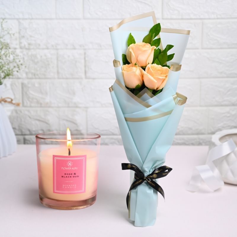Soft Blush Roses With Scented Candle