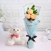 Soft Peachy Roses With Plush Teddy
