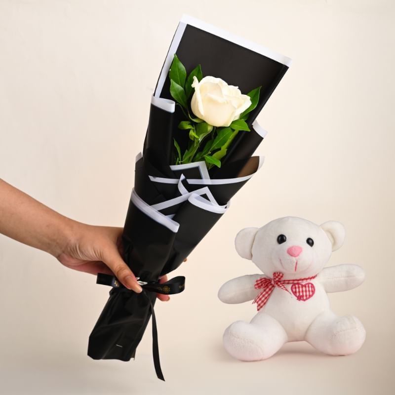 Soft White Rose With Teddy