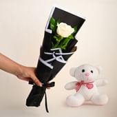 Soft White Rose With Teddy