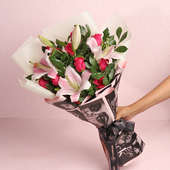 Bouquet of Roses N Lily in Fashion Paper