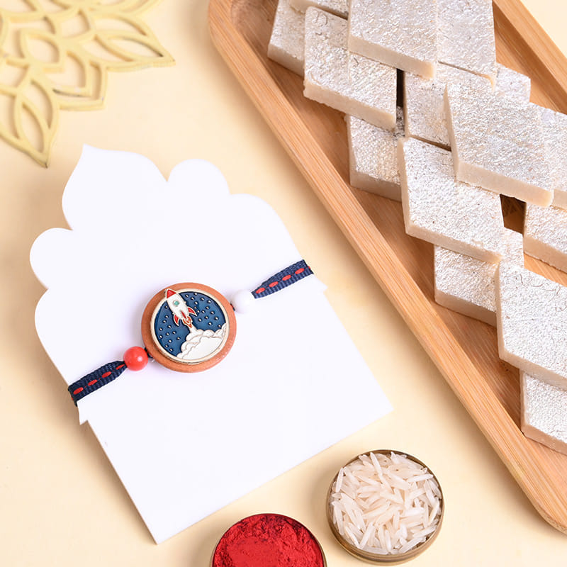 Space Rocket Kids Rakhi With Kaju Katli