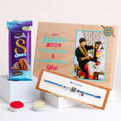 Sparkling Blue Rakhi With Photo Wooden Plank N Chocolate