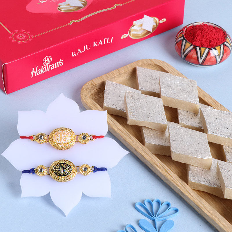 Sparkling Designer Rakhi Duo With Haldiram Kaju Katli