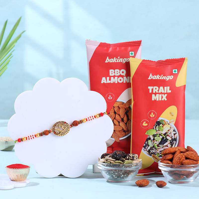 Spiritual Om Rakhi With Bbq Almonds N Trail Mix