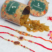 Spiritual Rakhi Combo - One Swastik Rakhi with Complimentary Roli and Chawal and 100gm Raisins in Colorful Floweraura Container Potli
