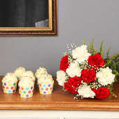Sprinkled Freshness Combo - Bunch of 12 Carnations with 6 Vanilla Cup Cakes