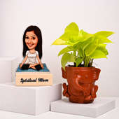 Spritual Mom Caricature with Money Plant in Ganesha Pot