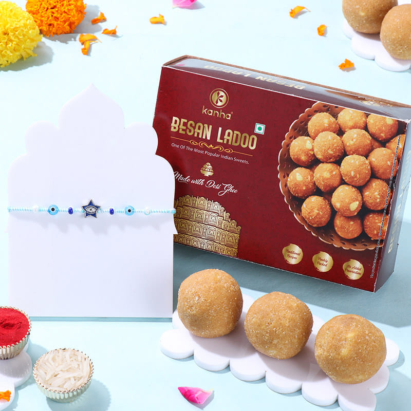 Star Evil Eye Rakhi With Besan Ladoos