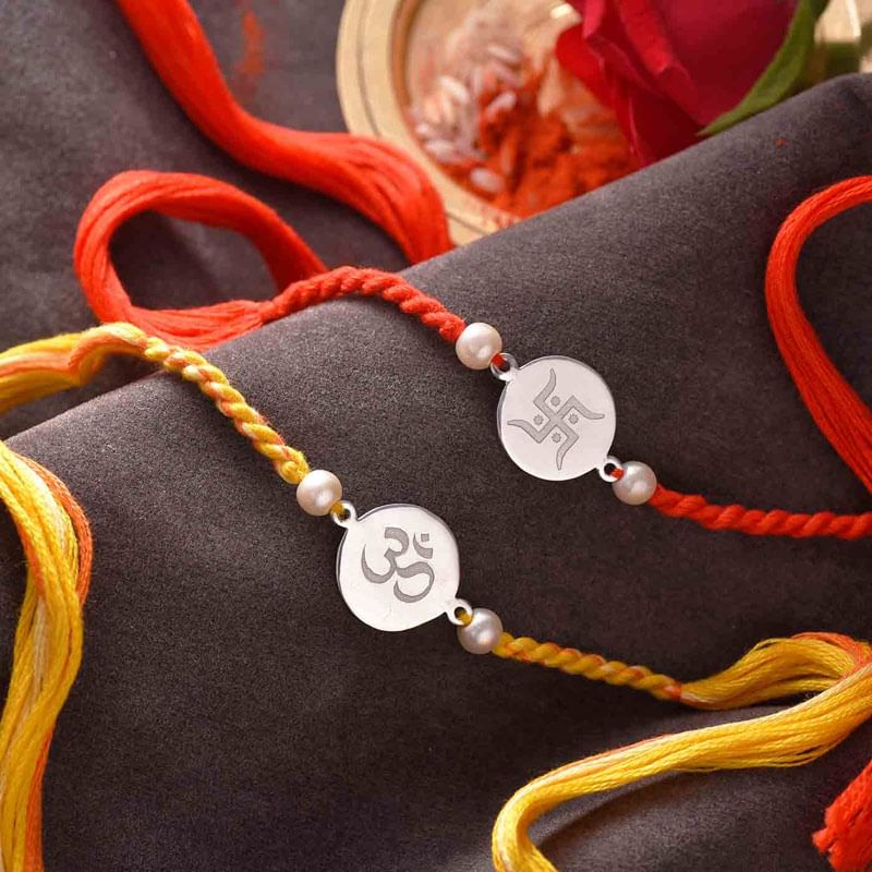 Sterling Silver Om n Swastik Pearl Rakhi