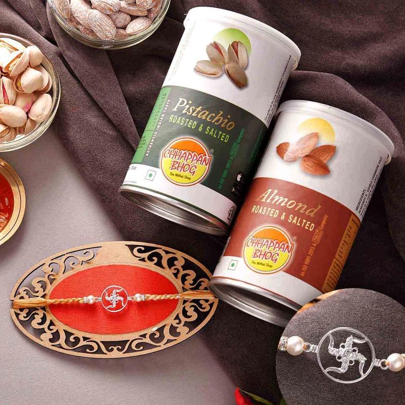 Sterling Silver Swastik Rakhi and Dry Fruits Combo
