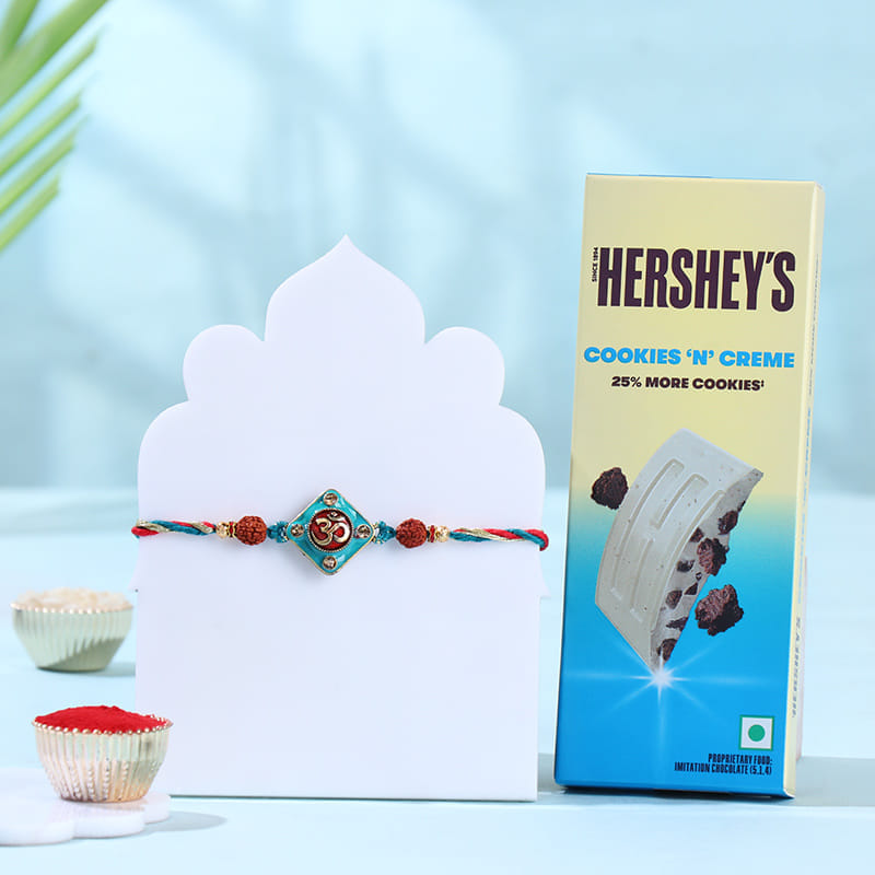 Stone Om Rudraksha Rakhi With Chocolate