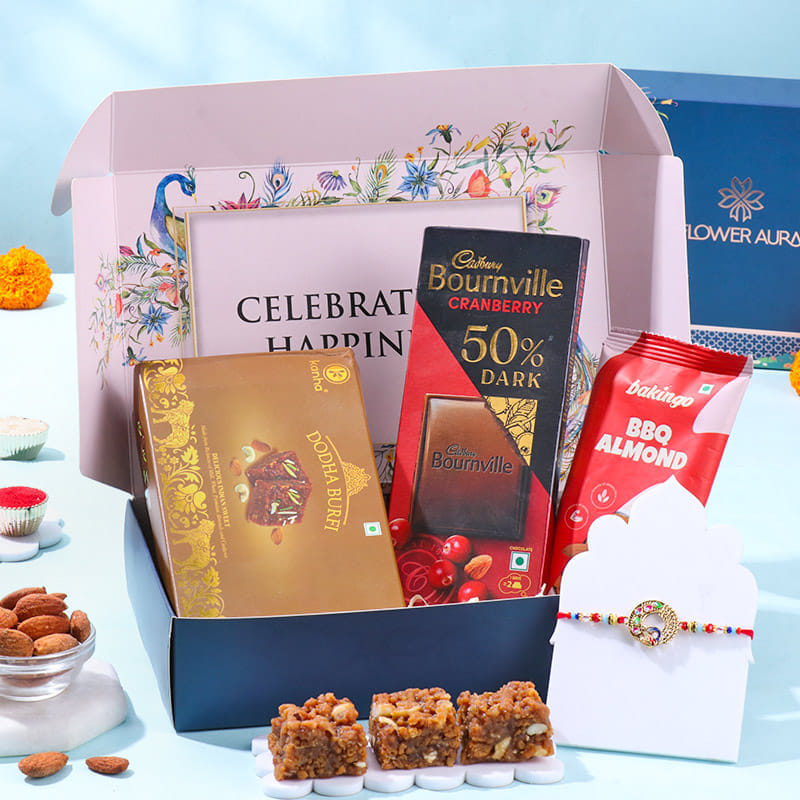 Stone Studded Floral Rakhi With Gourmet Treats