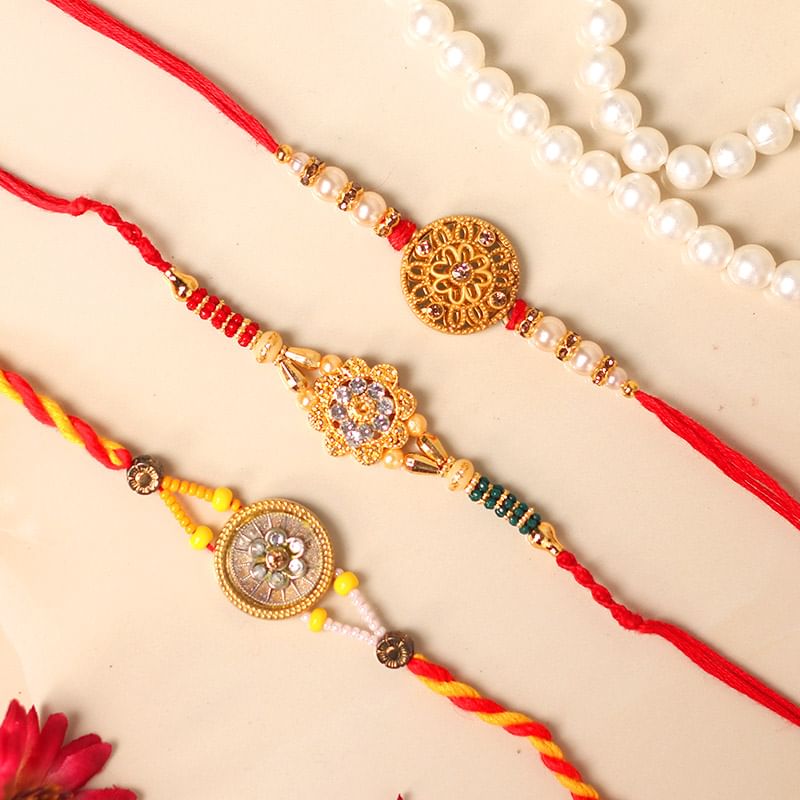 Stone Studded Rakhis - Set of 3 Designer Rakhis with Roli Chawal