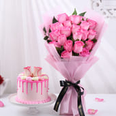 Strawberry Drip Cake N Pink Roses Bouquet