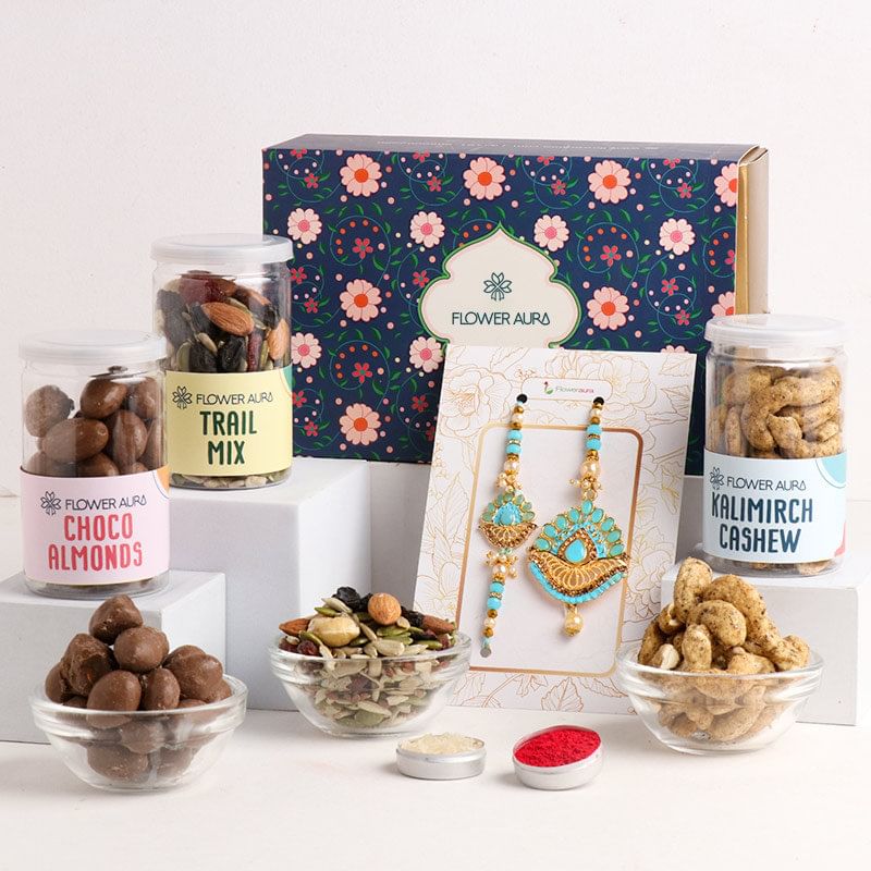 Studded Blue Bhaiya Bhabhi Rakhis n Dry Fruit Box