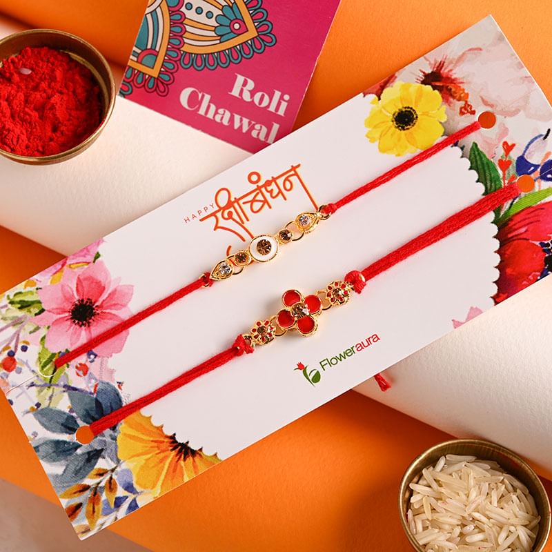 Order Set of 2 rakhi Online For Brother - Studded Dual Embellished Rakhis
