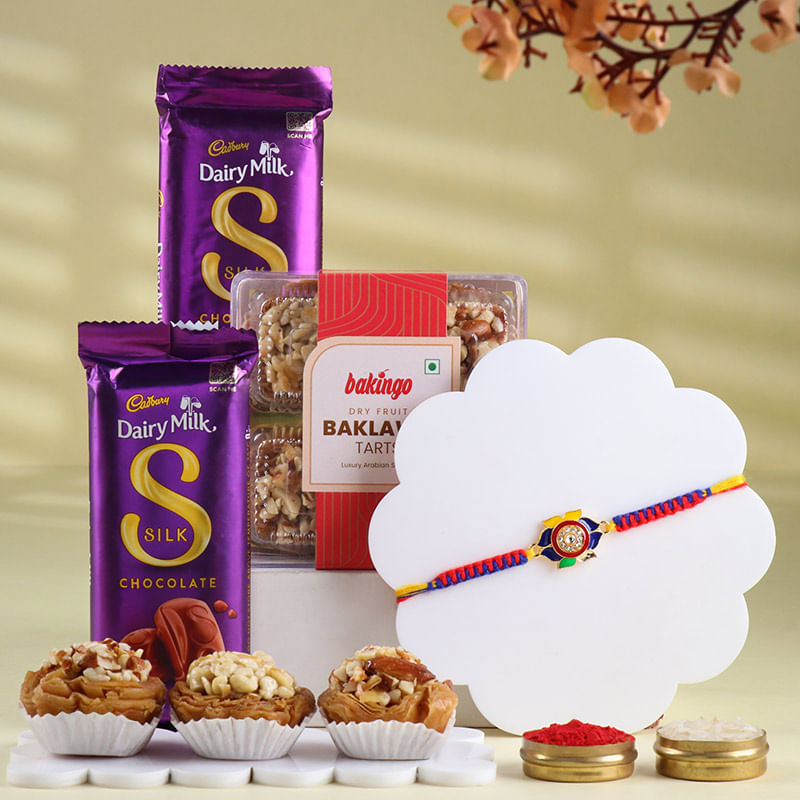 Studded Floral Rakhi With Baklawa N Chocolates