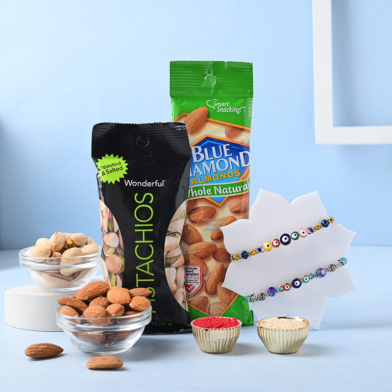 Stunning Evil Eye Rakhi Duo With Almonds And Pistachios