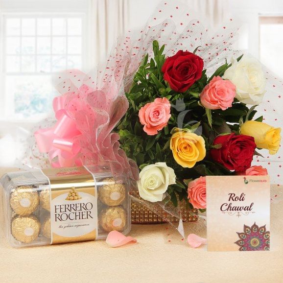 Sisterly Affection Rakhi Gift Hamper - 10 mixed roses with Ferrero Rocher and Roli Chawal