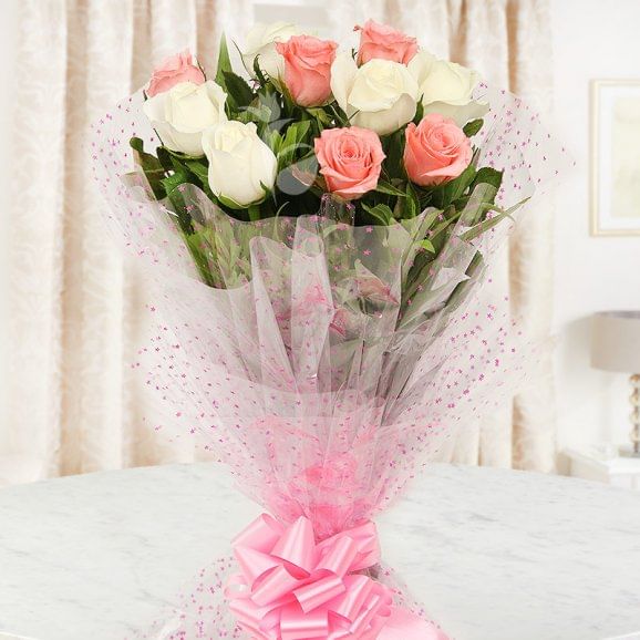 Front view of 5 pink and 5 white roses bouquet - A product of PrecioPrecious N Perfect Combo