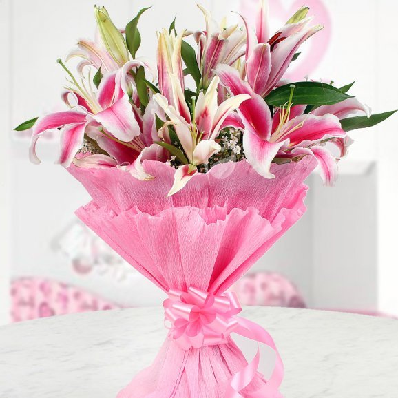 Buy Flower Arrangement of 6 beautiful pink Oriental Lilies