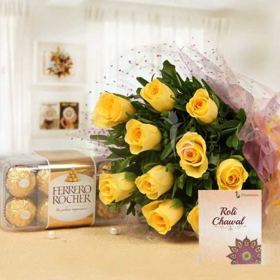 Eye Candy - Combo of 12 Yellow roses and 16 Ferrero Rocher chocolates