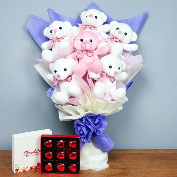 Six Teddies Bunch with Chocolates Combo