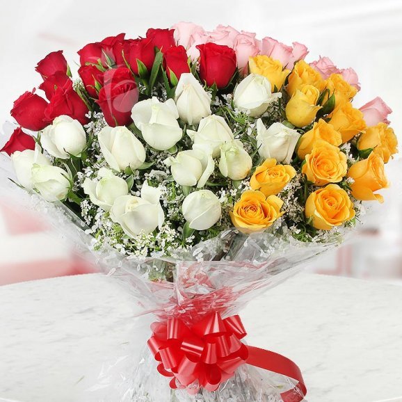 50 Multicolor Roses Bouquet with Front View