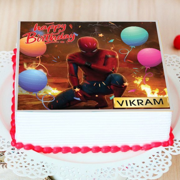 side view of spidey photo print cake 