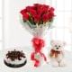 cake and flower delivery in bangalore Black forest Cake 12 Red Rose Flowers Teddy