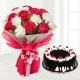 A Bunch of Red and White Carnations with Blackforest Cake