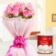 Pink roses bunch and Haldiram Rasgullas