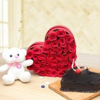 Fancy Love - Combo of 6inch Teddy, 35 red roses and a heart shaped chocolate cake