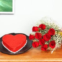 Grandiose Love - Combo of 12 Red roses and Heart shaped 1kg red velvet cake