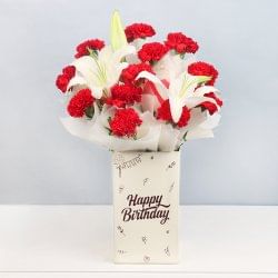12 Red Carnations and 2 Lilies in Birthday Box with Closed View