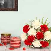 Sugary Sweets - Bunch of 12 Carnations with 2 Red Velvet Jar Cakes