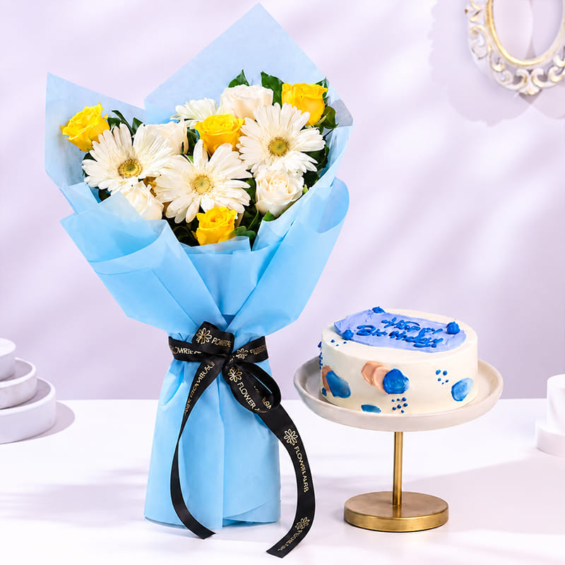 Sunny Elegance bouquet with chocolate bento cake