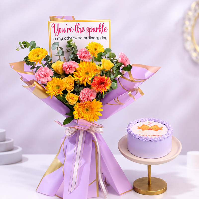 Sunshine Blooms bouquet with bento cake for her
