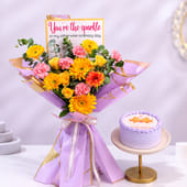 Sunshine Blooms bouquet with bento cake for her
