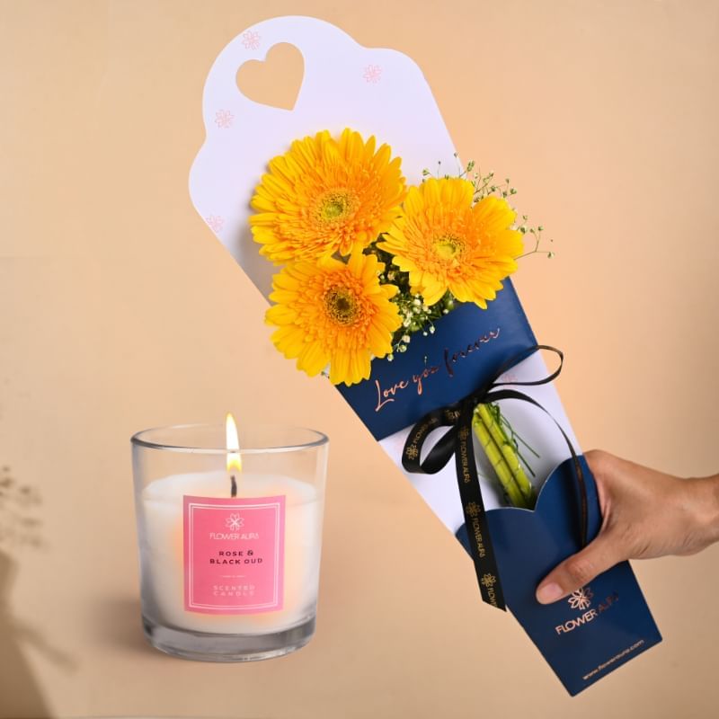 Sunshine Yellow Gerberas In Sleeve N Candle Combo