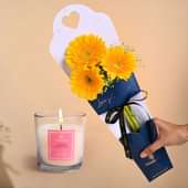 Sunshine Yellow Gerberas In Sleeve N Candle Combo
