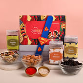 Order kids For Kids With Dry Fruits Online - Superman Rakhi Hamper Featuring Almonds Dried Black Currant And A Healthy Mix 
