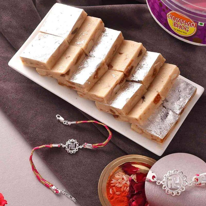 Swastik Sterling Silver Rakhi With Barfi